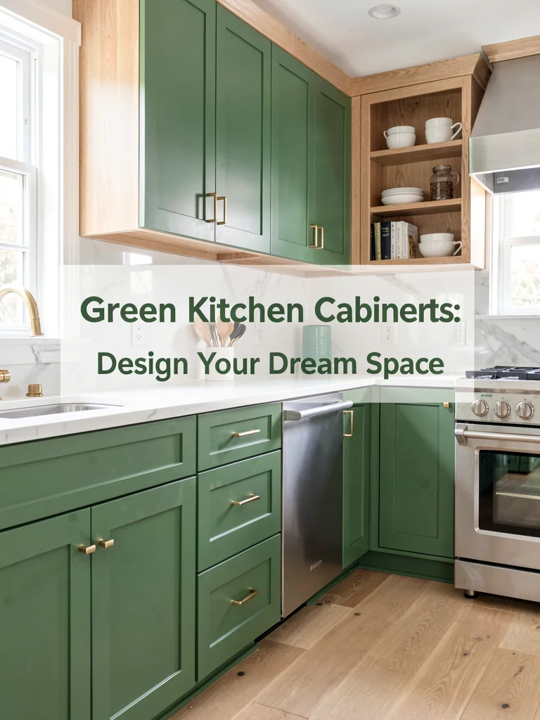 A kitchen featuring green cabinets paired with natural wood accents and brass hardware