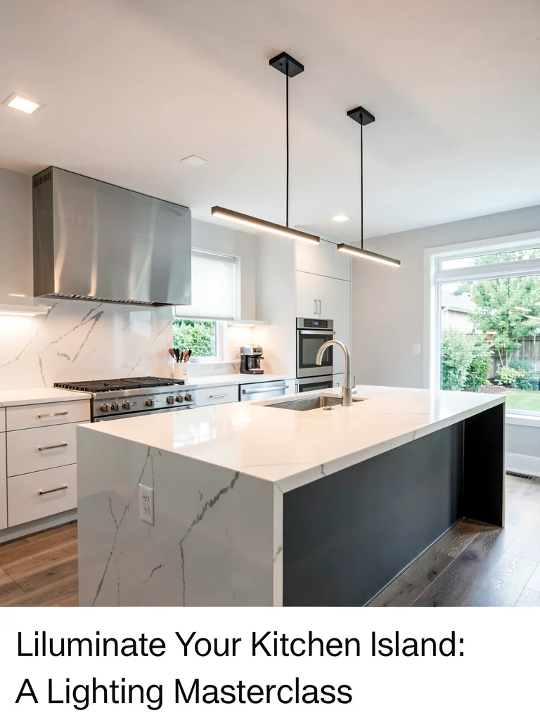 A modern kitchen island with three linear pendant lights